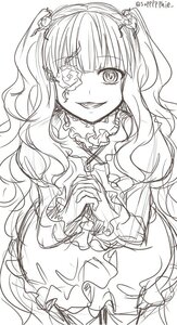 Rating: Safe Score: 0 Tags: 1girl bow dress eyepatch frills greyscale image kirakishou long_hair long_sleeves looking_at_viewer monochrome sketch smile solo striped User: admin