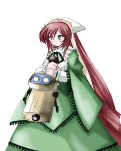 Rating: Safe Score: 0 Tags: 1girl brown_hair dress frills green_dress green_eyes heterochromia holding image long_hair long_sleeves red_eyes simple_background solo suiseiseki very_long_hair weapon white_background User: admin