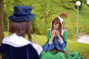Rating: Safe Score: 0 Tags: 2girls apron blue_dress blurry blurry_foreground brown_hair depth_of_field dress grass long_hair maid multiple_cosplay multiple_girls outdoors shushing suiseiseki tagme User: admin