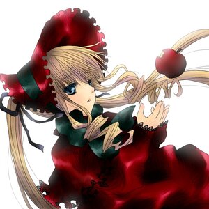 Rating: Safe Score: 0 Tags: 1girl blonde_hair blue_eyes bonnet bow dress drill_hair flower food fruit image long_hair long_sleeves looking_at_viewer open_mouth rose shinku solo twintails white_background User: admin