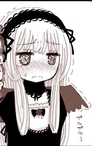 Rating: Safe Score: 3 Tags: 1girl bangs blush closed_mouth dress eyebrows_visible_through_hair frilled_hairband hairband image long_hair monochrome nose_blush simple_background solo suigintou trembling upper_body wavy_mouth white_background User: admin