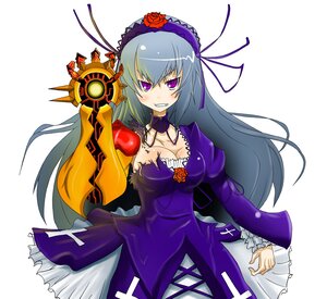 Rating: Safe Score: 0 Tags: 1girl breasts cleavage dress flower grin hairband image long_hair purple_dress purple_eyes rose silver_hair smile solo suigintou User: admin