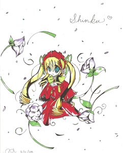 Rating: Safe Score: 0 Tags: 1girl blonde_hair bonnet bow bowtie capelet cup dress flower image leaf long_hair long_sleeves looking_at_viewer red_capelet red_dress shinku solo teacup twintails water_drop User: admin