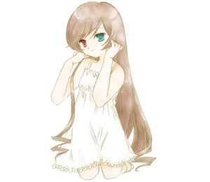 Rating: Safe Score: 0 Tags: 1girl bare_shoulders brown_hair dress frills full_body green_eyes heterochromia image kneeling long_hair looking_at_viewer red_eyes simple_background sleeveless solo suiseiseki very_long_hair white_background white_dress User: admin