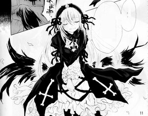 Rating: Safe Score: 0 Tags: 1girl black_wings blush closed_eyes dress feathers frills greyscale hairband image long_hair long_sleeves monochrome smile solo suigintou wings User: admin