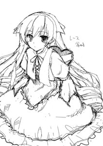 Rating: Safe Score: 0 Tags: 1girl apron blush dress eyebrows_visible_through_hair greyscale hairband image long_hair looking_at_viewer monochrome puffy_sleeves ribbon short_sleeves simple_background sketch solo suiseiseki very_long_hair white_background User: admin