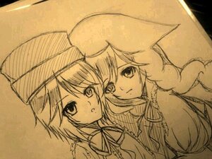 Rating: Safe Score: 0 Tags: 2girls braid dress frills hat image long_hair looking_at_viewer monochrome multiple_girls pair short_hair simple_background souseiseki suiseiseki traditional_media User: admin