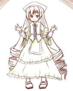 Rating: Safe Score: 0 Tags: 1girl blush dress drill_hair eyebrows_visible_through_hair frills full_body green_dress head_scarf image long_hair long_sleeves looking_at_viewer simple_background solo standing suiseiseki very_long_hair white_background User: admin