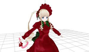 Rating: Safe Score: 0 Tags: 1girl blonde_hair blue_eyes bonnet bow bowtie dress flower green_bow image long_hair long_sleeves looking_at_viewer red_dress rose shinku sidelocks simple_background solo standing white_background User: admin