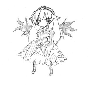Rating: Safe Score: 0 Tags: 1girl bat_wings dress eyebrows_visible_through_hair full_body greyscale image long_hair long_sleeves monochrome solo standing suigintou wings User: admin