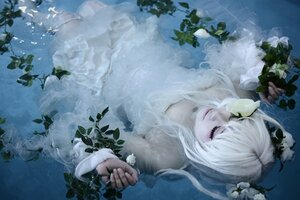 Rating: Safe Score: 0 Tags: 1girl blurry choker closed_eyes closed_mouth depth_of_field flower kirakishou leaf long_hair lying partially_submerged plant solo water white_dress white_flower white_hair User: admin