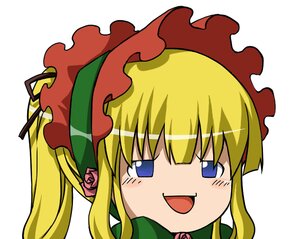 Rating: Safe Score: 0 Tags: 1girl :d blonde_hair blue_eyes bonnet eyebrows_visible_through_hair flower hat image long_hair looking_at_viewer open_mouth rose shinku simple_background smile solo white_background User: admin