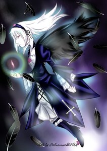 Rating: Safe Score: 0 Tags: 1girl auto_tagged black_wings dress feathers floating flower frills hairband image long_hair long_sleeves silver_hair solo suigintou wings User: admin