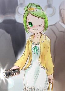Rating: Safe Score: 0 Tags: 1girl blurry blush dress green_eyes green_hair grin hair_ornament holding image kanaria long_sleeves looking_at_viewer one_eye_closed smile solo solo_focus standing User: admin