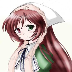 Rating: Safe Score: 0 Tags: 1girl blush brown_hair closed_mouth dress green_dress green_eyes head_scarf heterochromia image long_hair long_sleeves looking_at_viewer red_eyes ribbon simple_background smile solo suiseiseki upper_body white_background User: admin