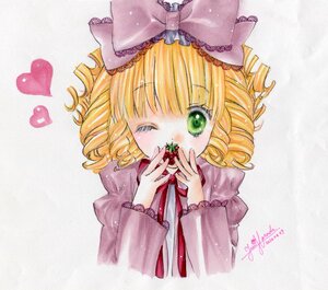 Rating: Safe Score: 0 Tags: 1girl artist_name blonde_hair bow covering_mouth dated dress drill_hair green_eyes heart hina_ichigo hinaichigo image long_sleeves one_eye_closed pink_bow short_hair signature solo traditional_media User: admin