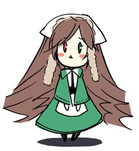 Rating: Safe Score: 0 Tags: 1girl blush_stickers brown_hair chibi dress full_body green_dress green_eyes heterochromia image long_hair long_sleeves red_eyes simple_background solo standing suiseiseki triangle_mouth very_long_hair white_background User: admin