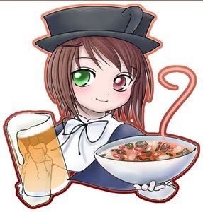 Rating: Safe Score: 0 Tags: 1girl blush brown_hair food green_eyes hat heterochromia image looking_at_viewer short_hair smile solo souseiseki upper_body User: admin