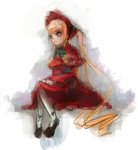 Rating: Safe Score: 0 Tags: 1girl blonde_hair blue_eyes bonnet bow bowtie dress image long_hair long_sleeves red_dress shinku shoes sitting solo twintails very_long_hair User: admin