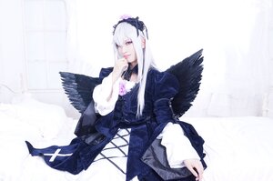 Rating: Safe Score: 0 Tags: 1girl black_wings dress feathers flower frills hairband long_hair long_sleeves looking_at_viewer silver_hair solo suigintou wings User: admin