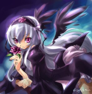 Rating: Safe Score: 0 Tags: 1girl black_dress black_wings dress flower frills hairband image juliet_sleeves long_hair long_sleeves looking_at_viewer pink_eyes purple_rose rose silver_hair solo suigintou wings User: admin