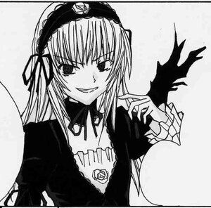 Rating: Safe Score: 0 Tags: 1girl dress greyscale grin hairband image long_hair long_sleeves looking_at_viewer monochrome rose simple_background smile solo suigintou upper_body wings User: admin