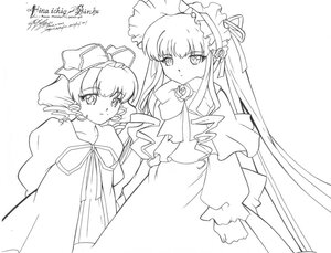 Rating: Safe Score: 0 Tags: 2girls bonnet capelet dress drill_hair greyscale hinaichigo image lineart long_hair long_sleeves looking_at_viewer monochrome multiple_girls pair shinku simple_background User: admin