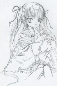 Rating: Safe Score: 0 Tags: 1boy 1girl auto_tagged frills greyscale hair_ribbon image long_hair long_sleeves looking_at_viewer monochrome ribbon shinku sketch solo traditional_media twintails very_long_hair User: admin