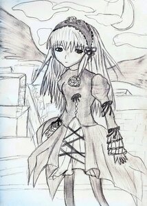 Rating: Safe Score: 0 Tags: 1girl cloud dress flower greyscale hairband image long_hair long_sleeves looking_at_viewer monochrome moon outdoors ribbon sky solo standing suigintou traditional_media very_long_hair wings User: admin