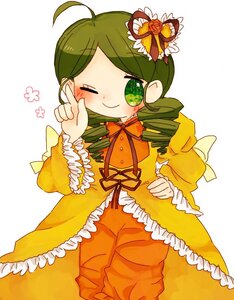 Rating: Safe Score: 0 Tags: 1girl ahoge blush bow dress drill_hair flower frills green_eyes green_hair image kanaria long_sleeves one_eye_closed ribbon smile solo striped white_background User: admin