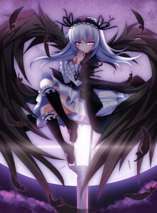 Rating: Safe Score: 0 Tags: 1girl black_feathers black_wings boots dress feathers flower frills full_moon hairband image long_hair looking_at_viewer moon pink_eyes rose silver_hair solo suigintou wings User: admin