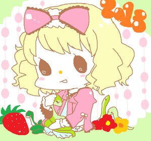 Rating: Safe Score: 0 Tags: 1girl blonde_hair bow chibi flower hair_bow hinaichigo image jewelry necklace polka_dot polka_dot_background solo User: admin