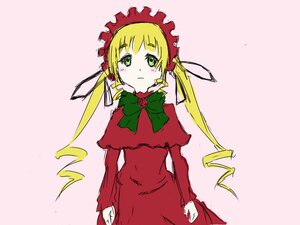 Rating: Safe Score: 0 Tags: 1girl blonde_hair blush bonnet bow bowtie capelet dress green_bow green_eyes image long_hair long_sleeves looking_at_viewer pink_background red_dress shinku simple_background solo twintails User: admin