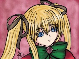 Rating: Safe Score: 0 Tags: 1girl black_ribbon blonde_hair blue_eyes bow expressionless flower hair_ribbon image long_hair looking_at_viewer pink_background pink_rose ribbon rose shinku signature solo twintails User: admin