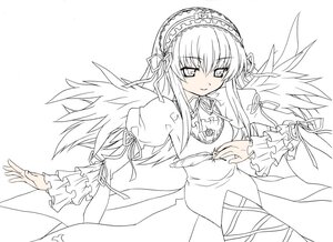 Rating: Safe Score: 0 Tags: 1girl artist_request dress feathers flat_color frilled_sleeves frills greyscale hairband image lolita_hairband long_hair long_sleeves looking_at_viewer monochrome ribbon rozen_maiden simple_background solo spot_color standing suigintou very_long_hair white_background wings User: admin