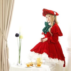 Rating: Safe Score: 0 Tags: 1girl basket blonde_hair bonnet cup curtains dress flower long_hair long_sleeves realistic red_dress shinku solo User: admin