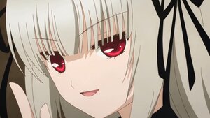 Rating: Safe Score: 0 Tags: 1girl :d bangs close-up eyebrows_visible_through_hair face image looking_at_viewer open_mouth red_eyes ribbon simple_background smile solo suigintou User: admin