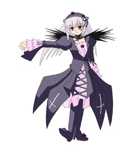 Rating: Safe Score: 0 Tags: 1girl black_wings detached_collar dress flower frills full_body hairband image lolita_hairband long_hair long_sleeves looking_at_viewer pink_eyes rose silver_hair solo standing suigintou white_background wings User: admin