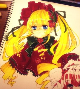 Rating: Safe Score: 0 Tags: 1girl auto_tagged blonde_hair blue_eyes bonnet bow capelet dress flower frills image long_hair long_sleeves looking_at_viewer rose shinku solo twintails yellow_background User: admin