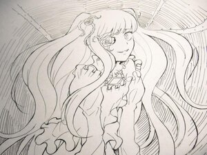 Rating: Safe Score: 0 Tags: 1girl dress flower frills hair_flower hair_ornament image kirakishou lineart long_hair monochrome smile solo traditional_media twintails very_long_hair User: admin