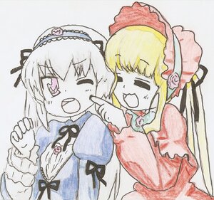 Rating: Safe Score: 0 Tags: 2girls auto_tagged blonde_hair dress flower frills hairband image long_hair long_sleeves multiple_girls one_eye_closed open_mouth pair ribbon rose shinku suigintou traditional_media wings User: admin