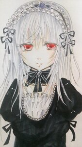 Rating: Safe Score: 0 Tags: 1girl bangs black_ribbon closed_mouth detached_collar dress expressionless eyebrows_visible_through_hair frills hairband image long_hair looking_at_viewer puffy_sleeves red_eyes ribbon silver_hair simple_background solo suigintou traditional_media upper_body User: admin