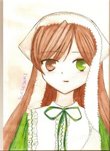 Rating: Safe Score: 0 Tags: 1girl bangs brown_hair green_dress green_eyes head_scarf image long_hair looking_at_viewer ribbon simple_background solo suiseiseki traditional_media upper_body User: admin