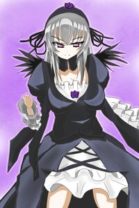 Rating: Safe Score: 0 Tags: 1girl black_wings detached_collar dress expressionless flower frilled_sleeves frills hairband image juliet_sleeves long_hair long_sleeves looking_at_viewer purple_background silver_hair solo suigintou wings User: admin