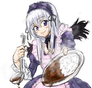 Rating: Safe Score: 0 Tags: 1girl apron blush curry dress food frills hairband holding image ladle long_hair long_sleeves looking_at_viewer osakana_(denpa_yun'yun) purple_eyes rozen_maiden silver_hair smile solo suigintou white_background wings User: admin