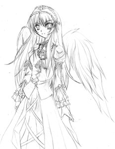 Rating: Safe Score: 0 Tags: 1girl dress frills greyscale hairband image long_hair long_sleeves looking_at_viewer monochrome ribbon simple_background solo standing suigintou very_long_hair white_background wings User: admin