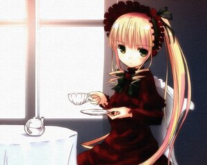 Rating: Safe Score: 0 Tags: 1girl blonde_hair cup dress flower green_eyes hairband image long_hair looking_at_viewer rose saucer shinku sitting solo table tea teacup teapot twintails User: admin