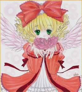 Rating: Safe Score: 0 Tags: 1girl angel_wings blonde_hair bow dress feathered_wings feathers flower frills green_eyes hina_ichigo hinaichigo image looking_at_viewer marker_(medium) pink_bow rose shikishi short_hair solo traditional_media white_wings wings User: admin