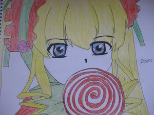 Rating: Safe Score: 0 Tags: 1girl bangs blonde_hair blue_eyes drill_hair eyebrows_visible_through_hair flower food image long_hair looking_at_viewer marker_(medium) shinku simple_background solo traditional_media User: admin