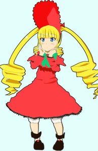 Rating: Safe Score: 0 Tags: 1girl blonde_hair bloomers blue_eyes blush dress drill_hair full_body image long_hair long_sleeves looking_at_viewer red_dress shinku simple_background solo standing twin_drills underwear User: admin